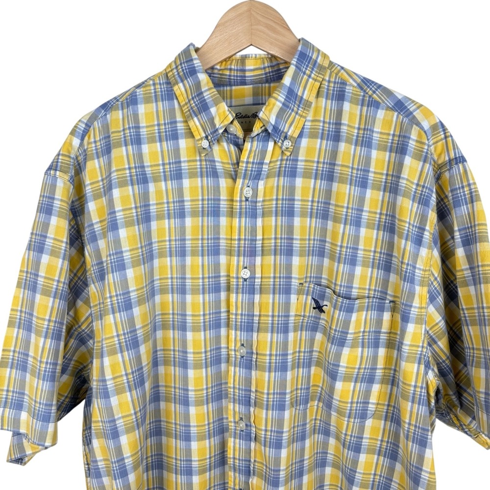 Vintage 90s Eddie Bauer Yellow Blue Plaid Short Sleeve Shirt Cotton Preppy Sz L - Picture 2 of 7